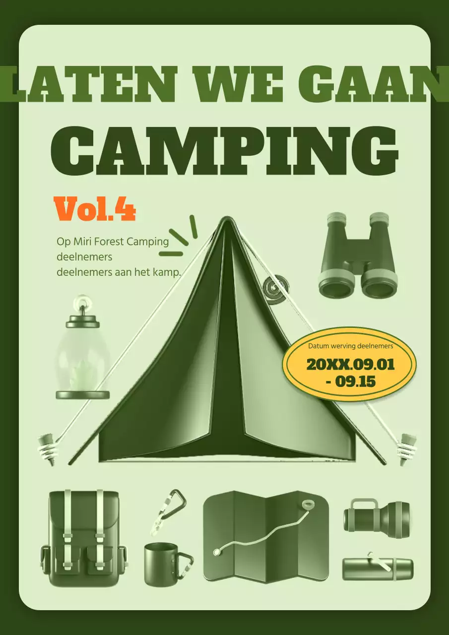 Promoot kamperen met illustraties van kampeeruitrusting in groene kleuren