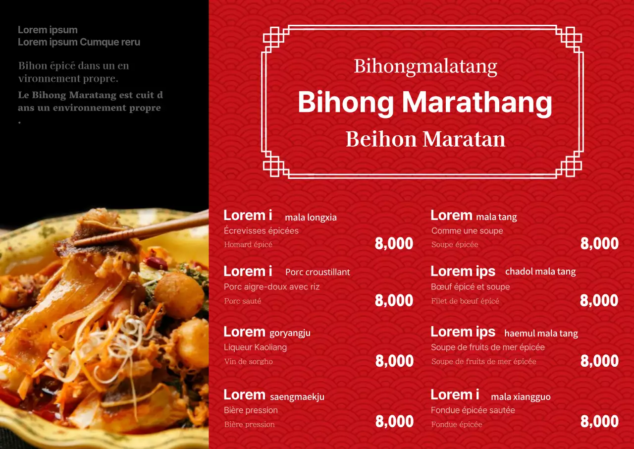 Tableau de menu multilingue de Maratang Cuisine en rouge avec photos