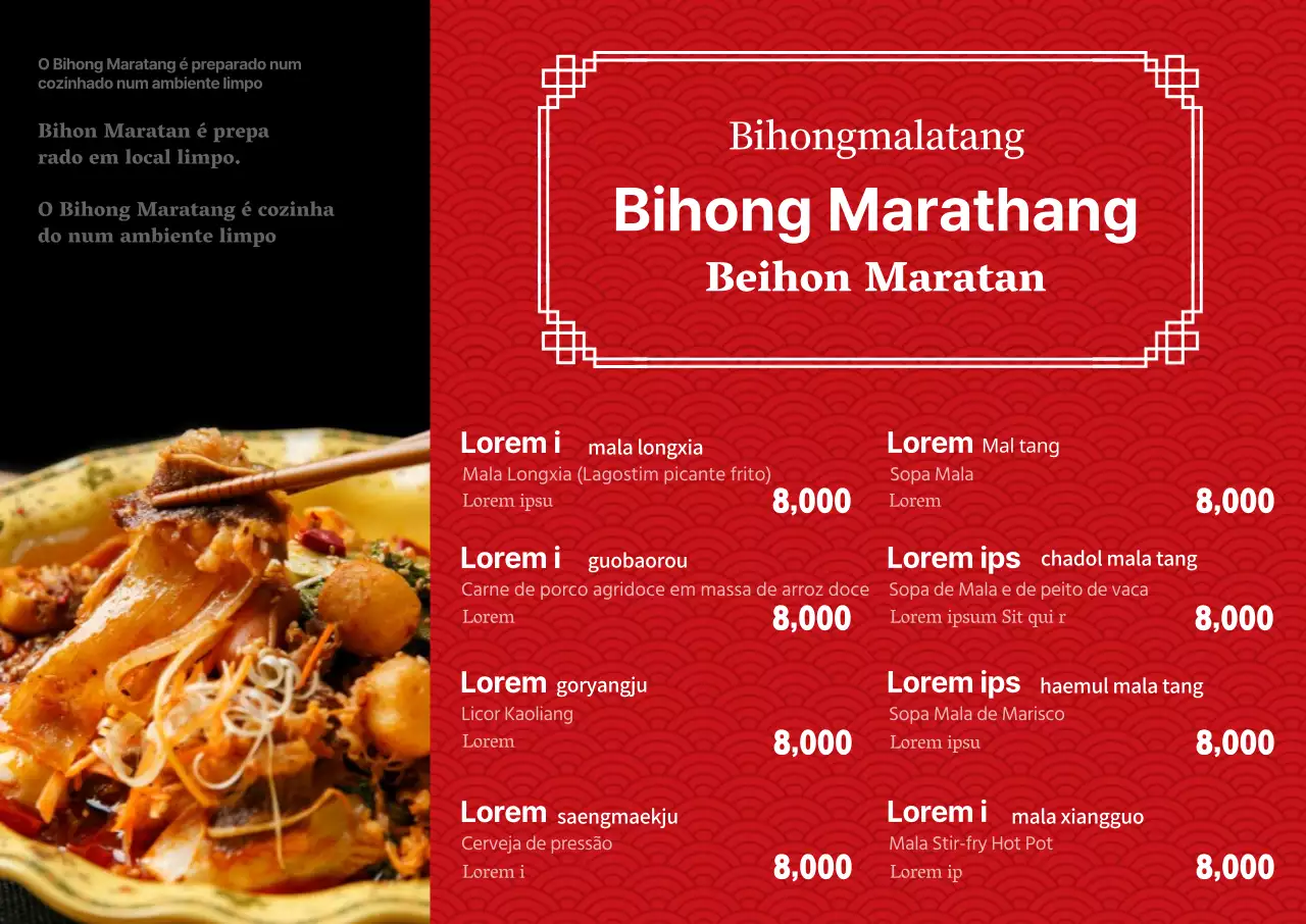 Quadro de menu multilingue no Maratang Cuisine em vermelho com fotografias