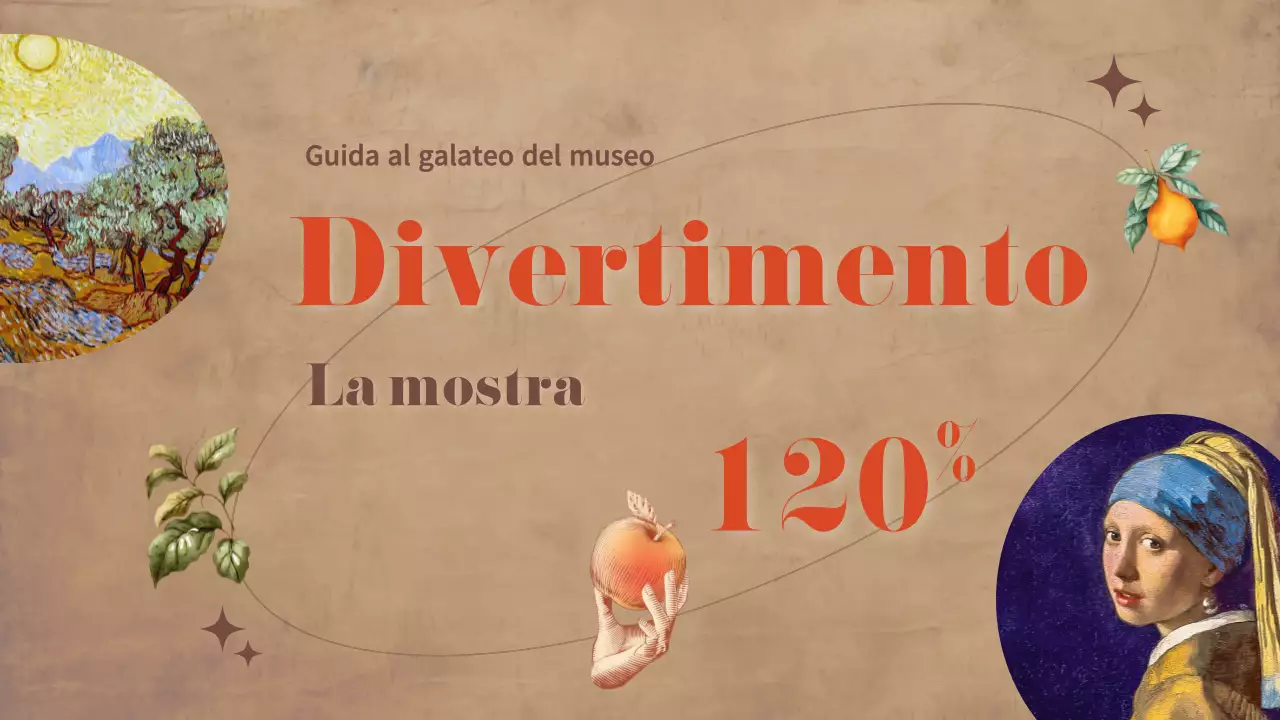 Una lussuosa guida per galleria d'arte con sfondi marroni e accenti arancioni