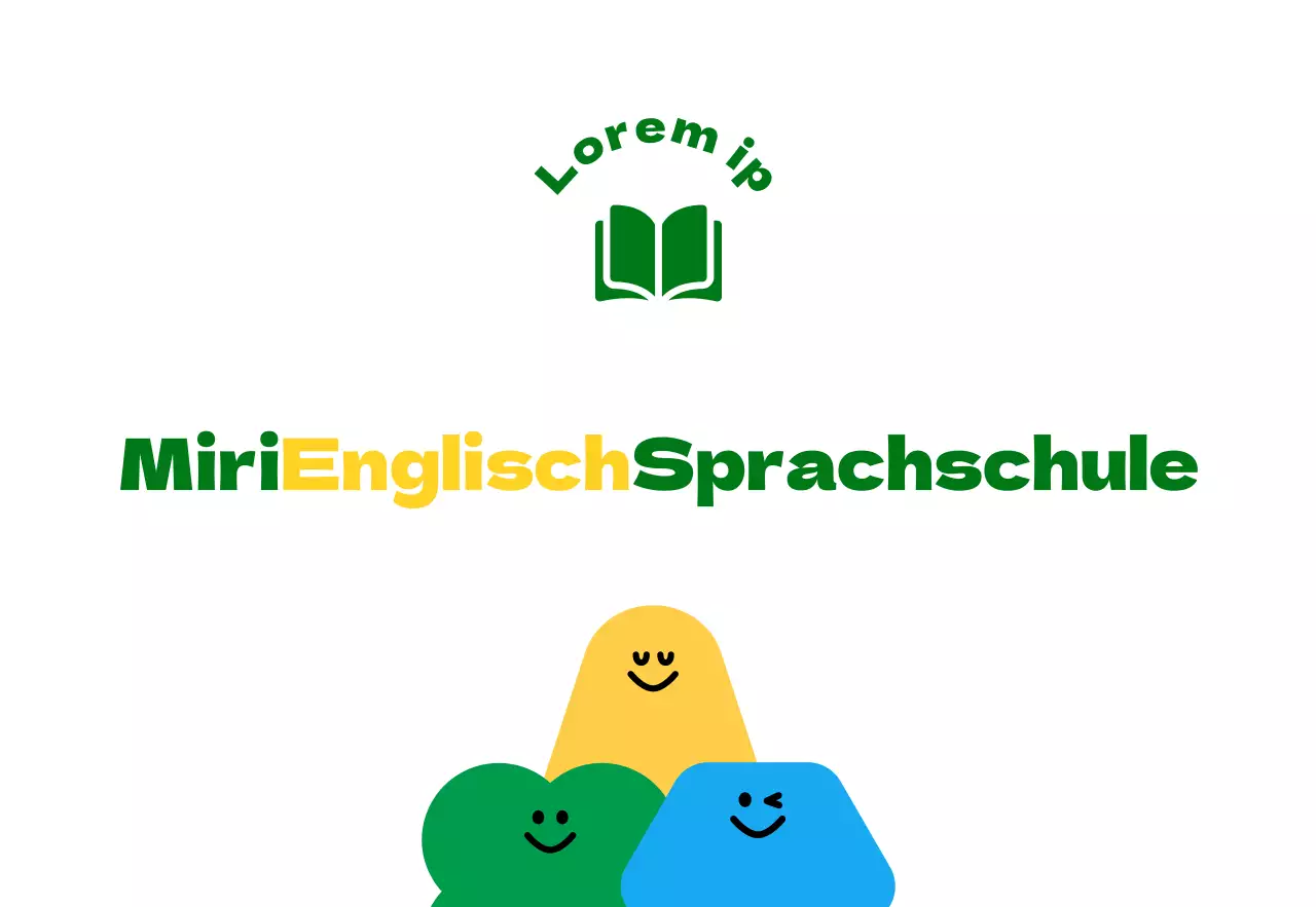 Für die Werbung für eine Englisch-Sprachschule für Grundschüler mit einer niedlichen grünen und gelben Cartoon-Figur-Illustration.
