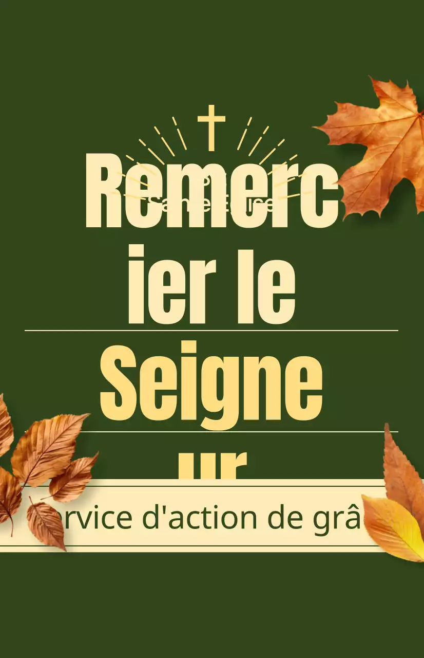 Promotion du service d'automne d'une église avec un texte relatif à l'action de grâce et une photo illustrant des feuilles en train de tomber.