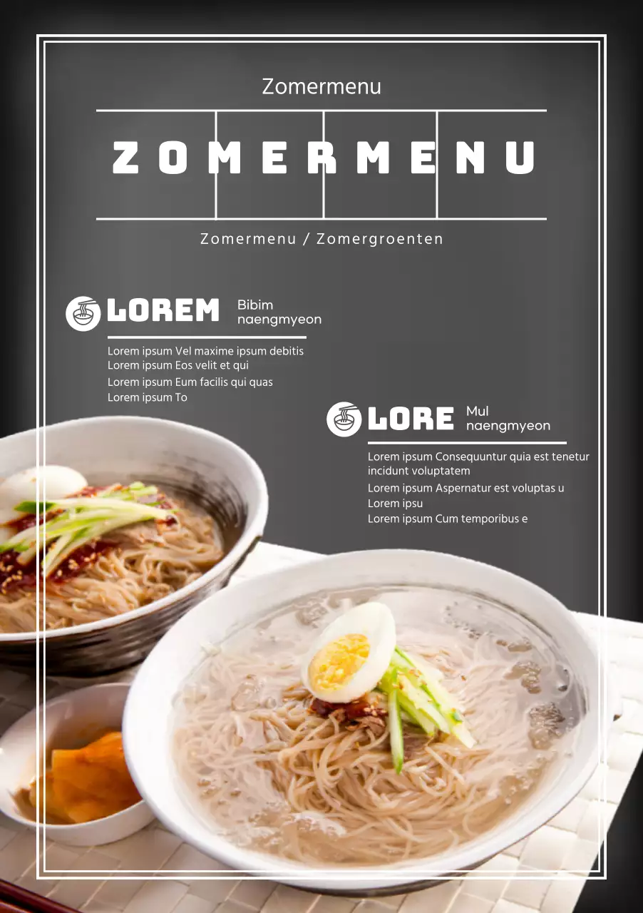 Seizoensgebonden meertalige menuborden met tekst over het zomermenu en foto's van koude gerechten.