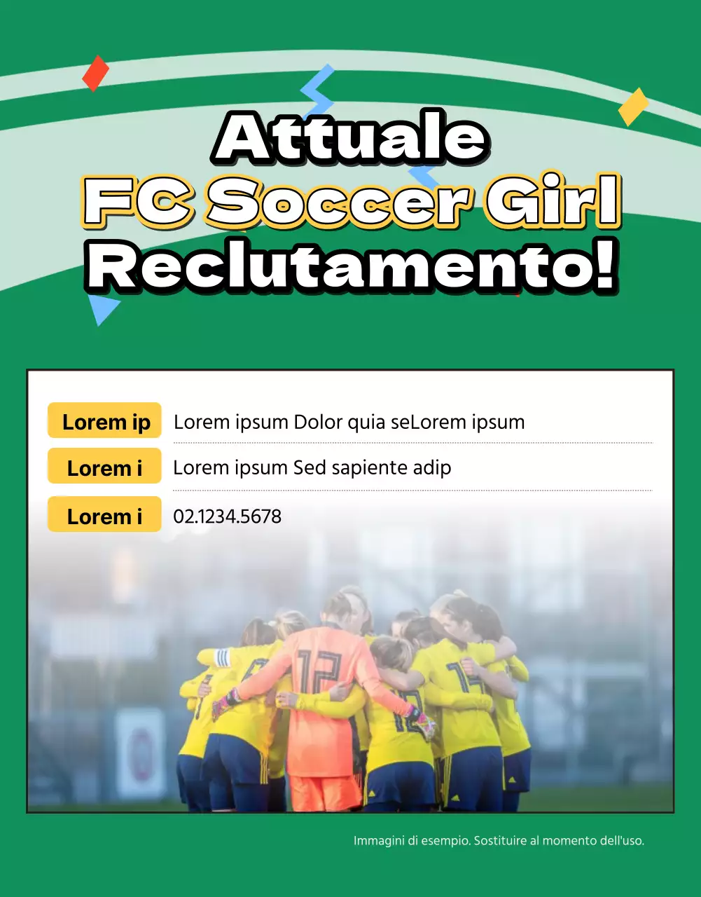 Volantino di reclutamento per il calcio femminile con immagine di un campo da calcio verde