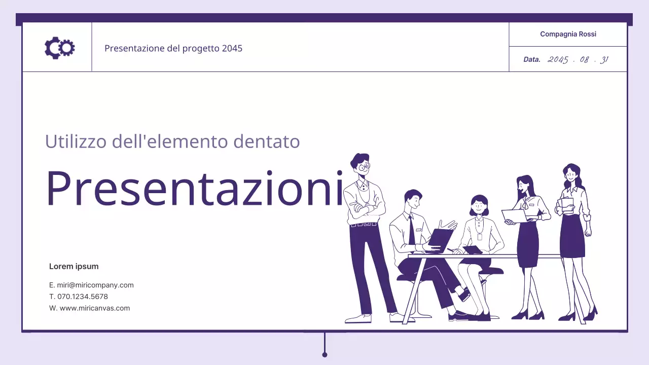 Una proposta con elementi a ingranaggi di colore viola e menta