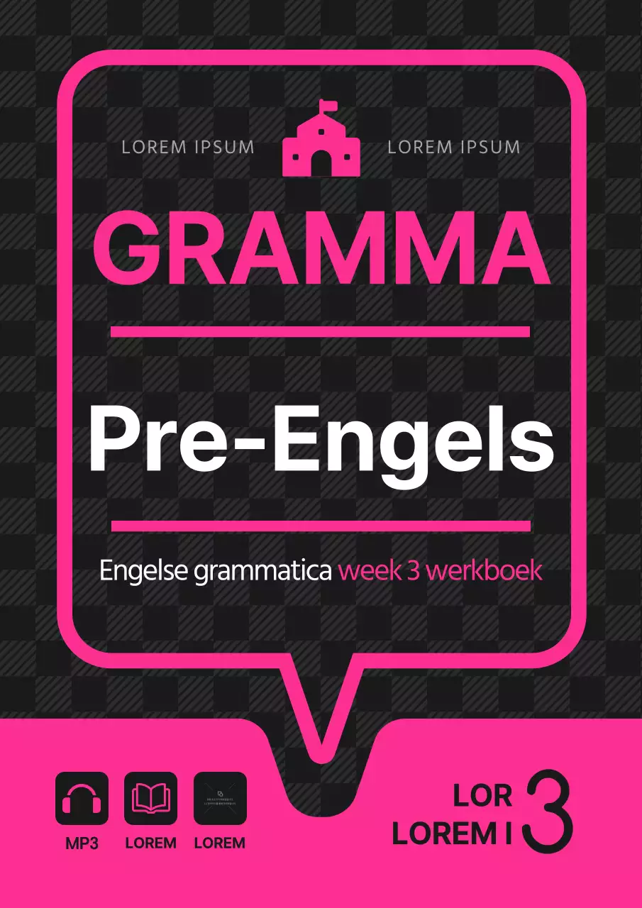 Zwarte en paarse tekstballon concept Engelse taal schoolboek