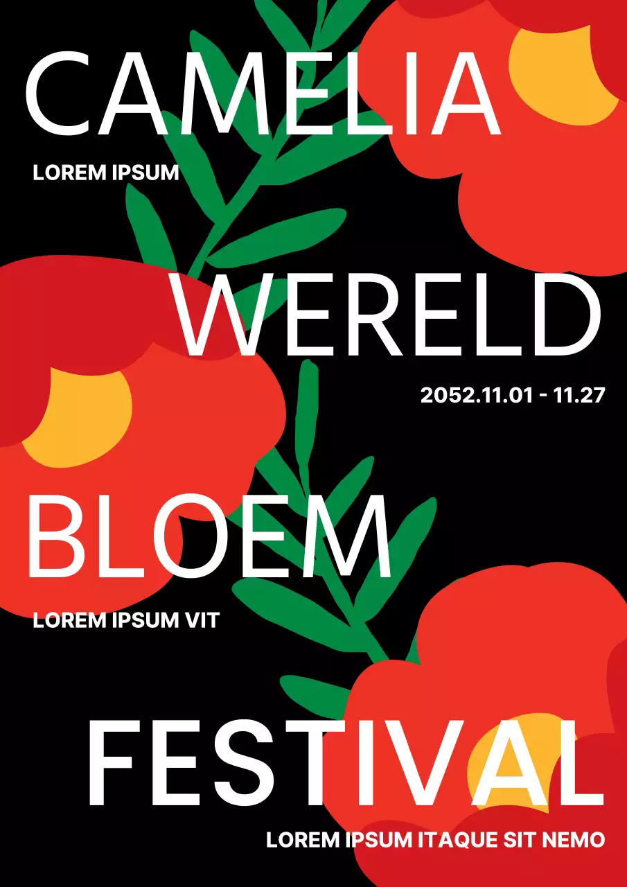 Promoot het Camellia Festival met zwarte en rode pop-art