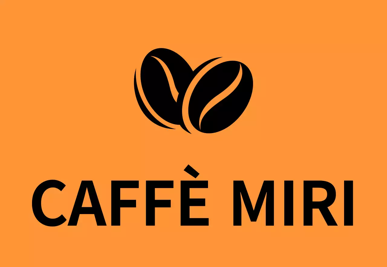 Insegna semplice con testo Miricafe arancione e bianco e nero e illustrazioni di fagioli.