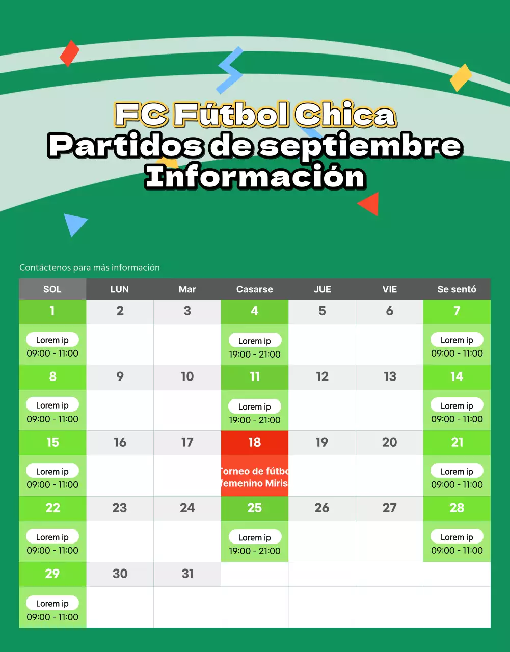 Folleto de reclutamiento de fútbol femenino con la imagen de un campo de fútbol verde