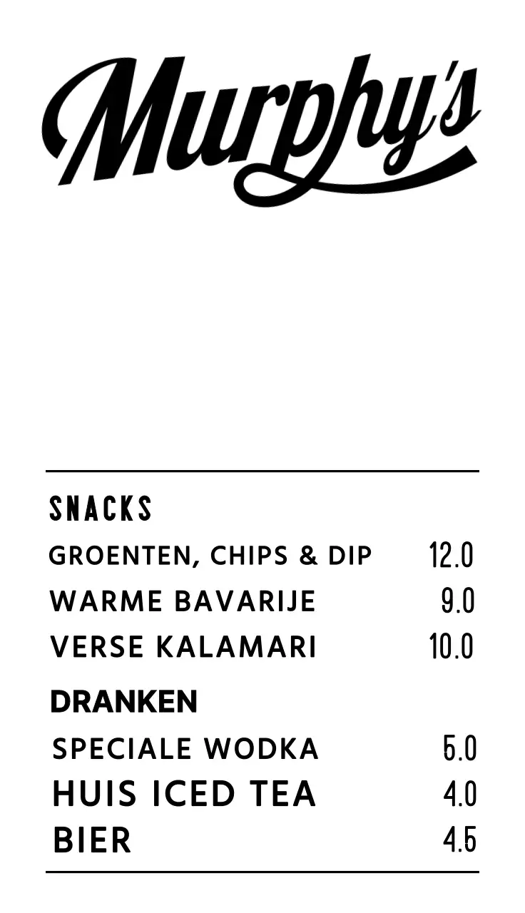 Een retro-kijkend menu opening uren teken met wit zwart rood pub storefront tekst en illustraties
