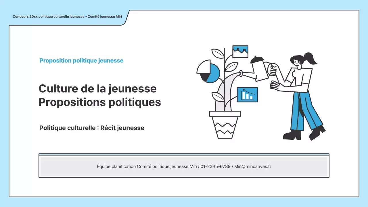 Une proposition politique avec une illustration claire en bleu clair et une forme de point d'indice.
