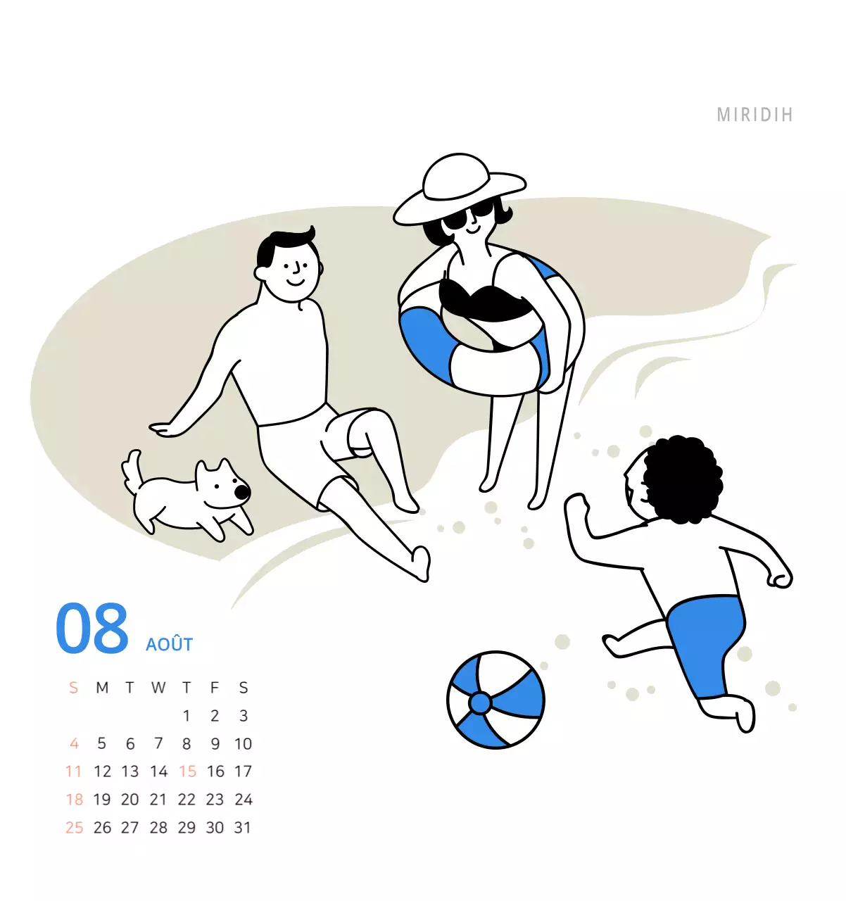 Calendrier de bureau illustré vert sur le thème de la famille