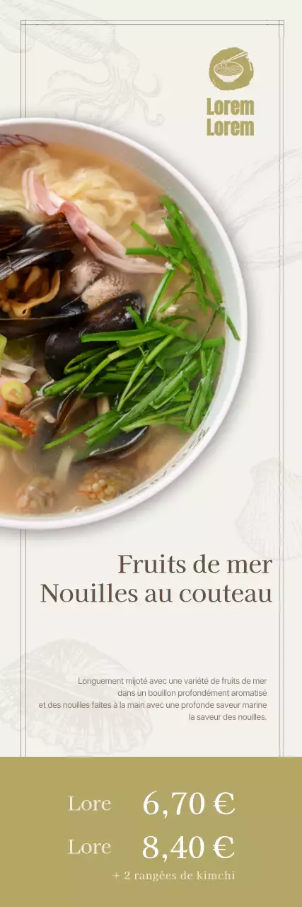 Conception pour promouvoir une gamme de plats de nouilles avec des illustrations de fruits de mer dans les tons beige et kaki.