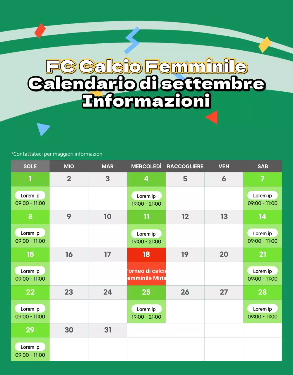 Volantino di reclutamento per il calcio femminile con immagine di un campo da calcio verde