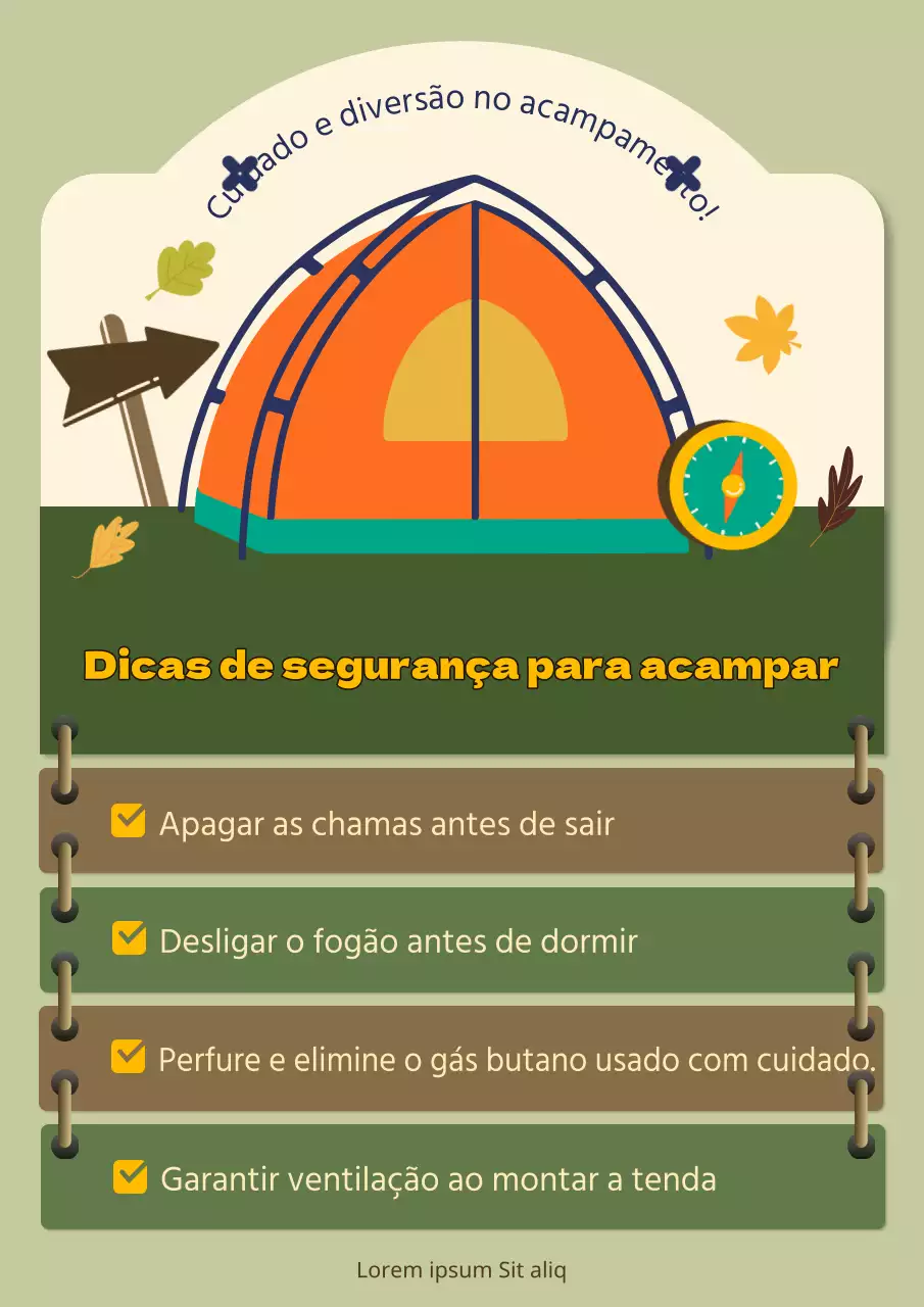 Conselhos de segurança para campismo com ilustração de tenda verde e laranja
