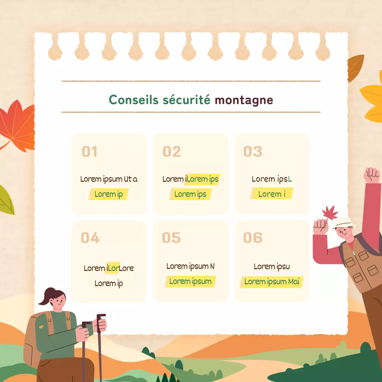 Promouvoir des précautions de randonnée d'automne modernes et basiques en orange et beige