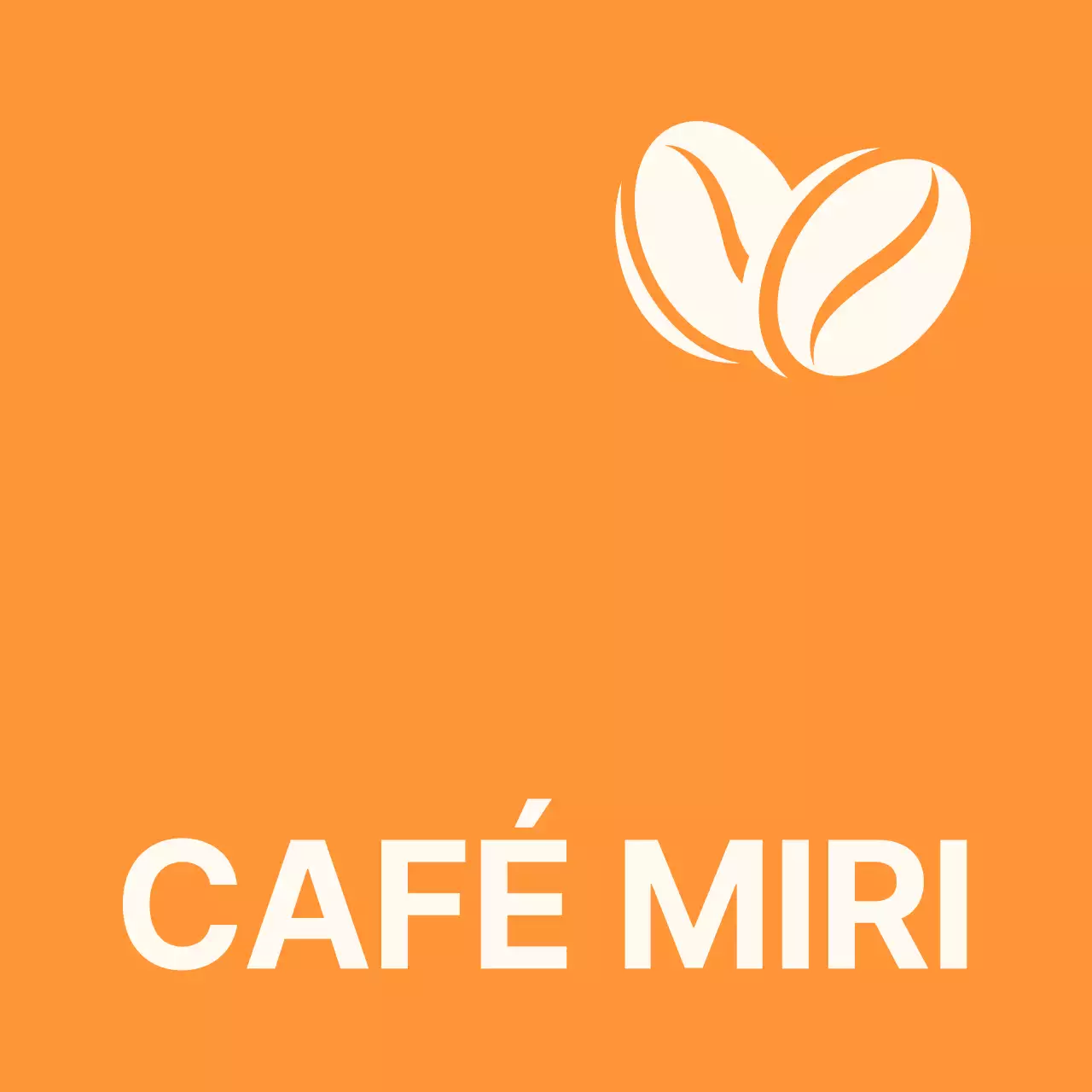 Enseigne simple sur la devanture du magasin avec un texte Miricafe orange-noir-et-blanc et des illustrations de haricots.