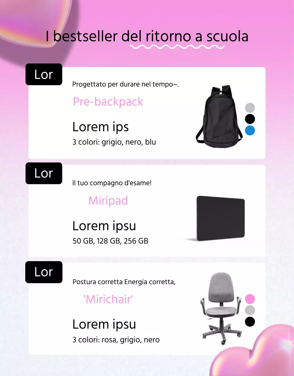 Evento di ritorno a scuola con cuori 3D neri e rosa