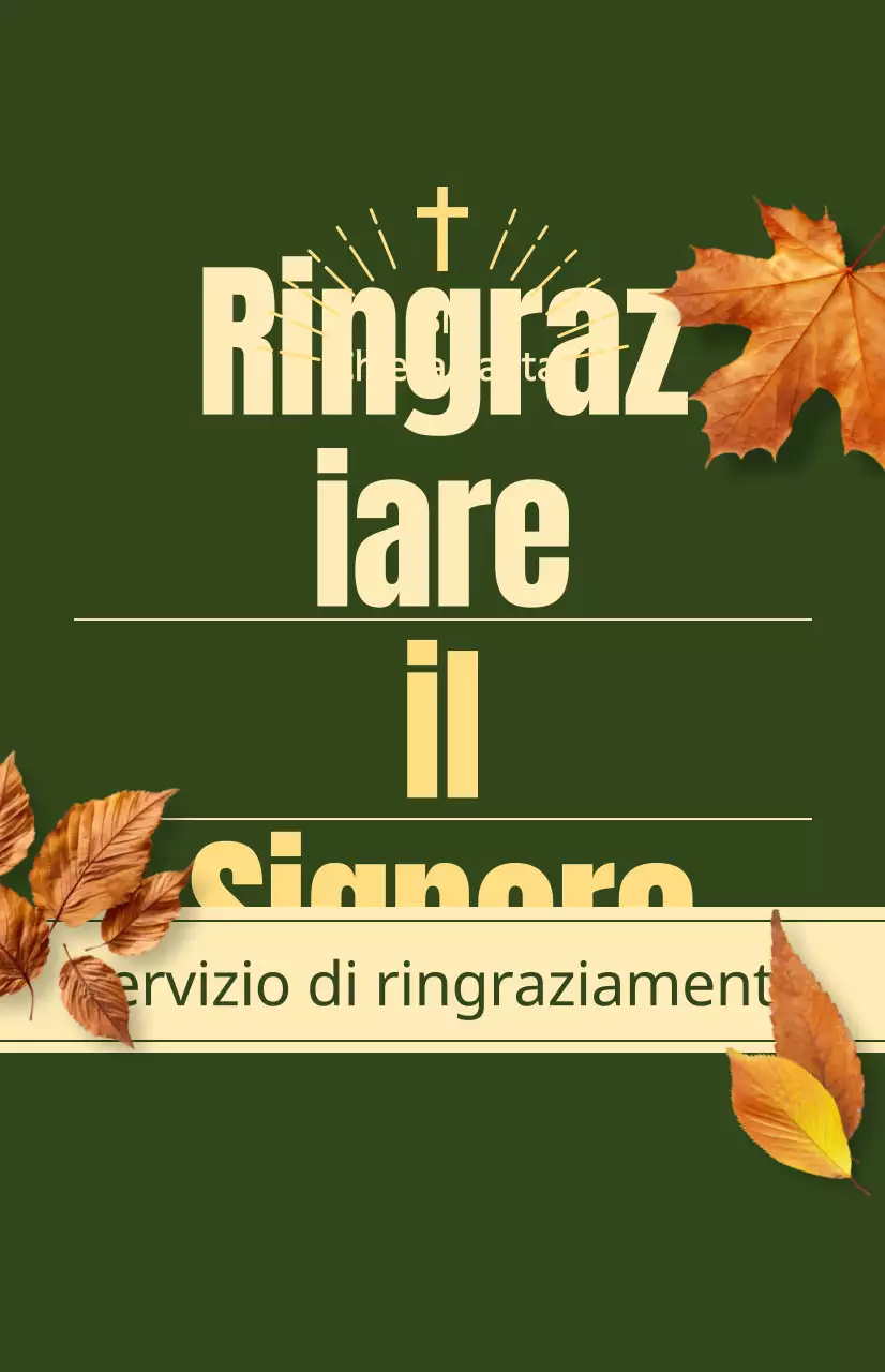 Promozione di un servizio autunnale della chiesa con testo relativo al Giorno del Ringraziamento e un'illustrazione fotografica di foglie che cadono.