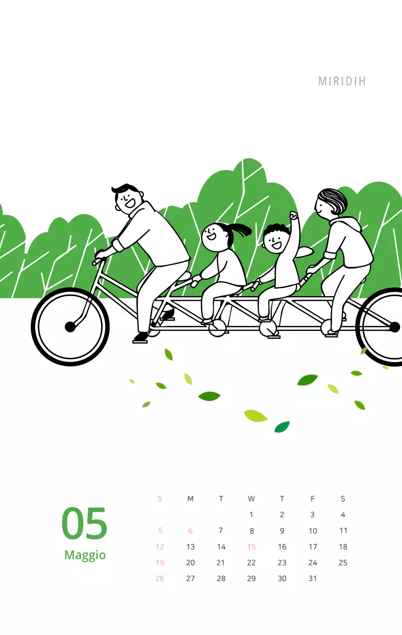 Simpatico calendario da tavolo illustrato verde a tema famiglia