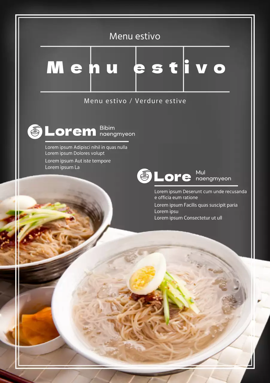 Tabelloni stagionali multilingue con testi sul menu estivo e foto di piatti freddi.