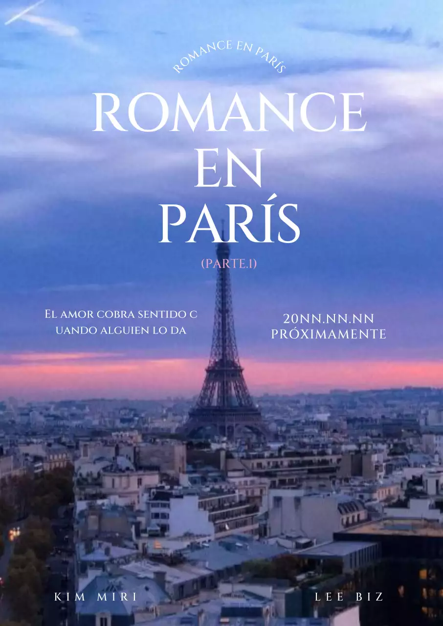 Cartel promocional de una película con una lista de cartas sobre un fondo de la Torre Eiffel en París al atardecer.