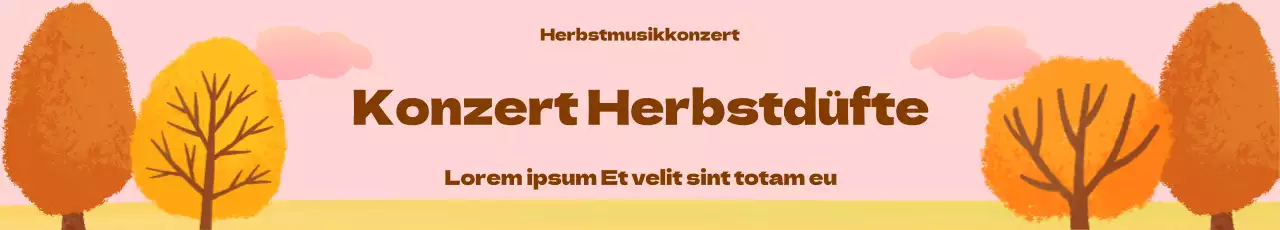 Konzertbanner vor einem rosa Himmel und Herbstblätter in einer Reihe