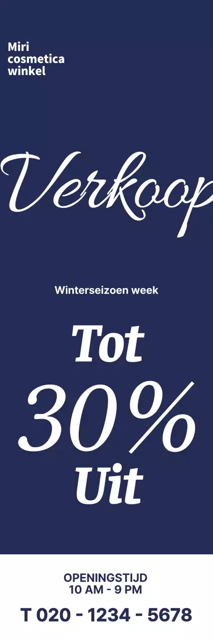 Evenement banner voor een cosmetica winkel met SALE geschreven in cursief op een marine achtergrond
