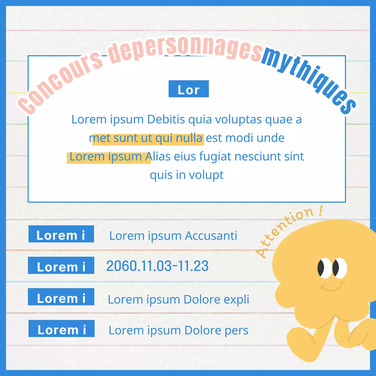 Promouvoir un concours de caractère minimaliste jaune et bleu