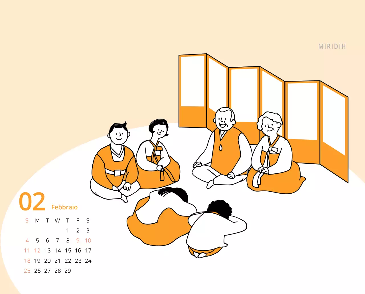 Simpatico calendario da tavolo illustrato verde a tema famiglia