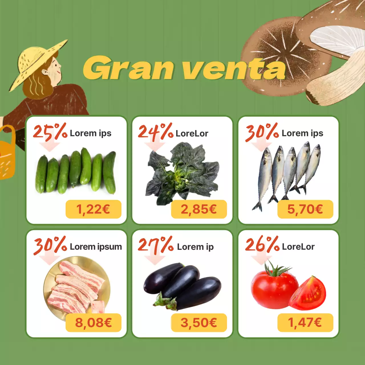 Promoción de un mercado de agricultores con una ilustración de verduras en verde lima.