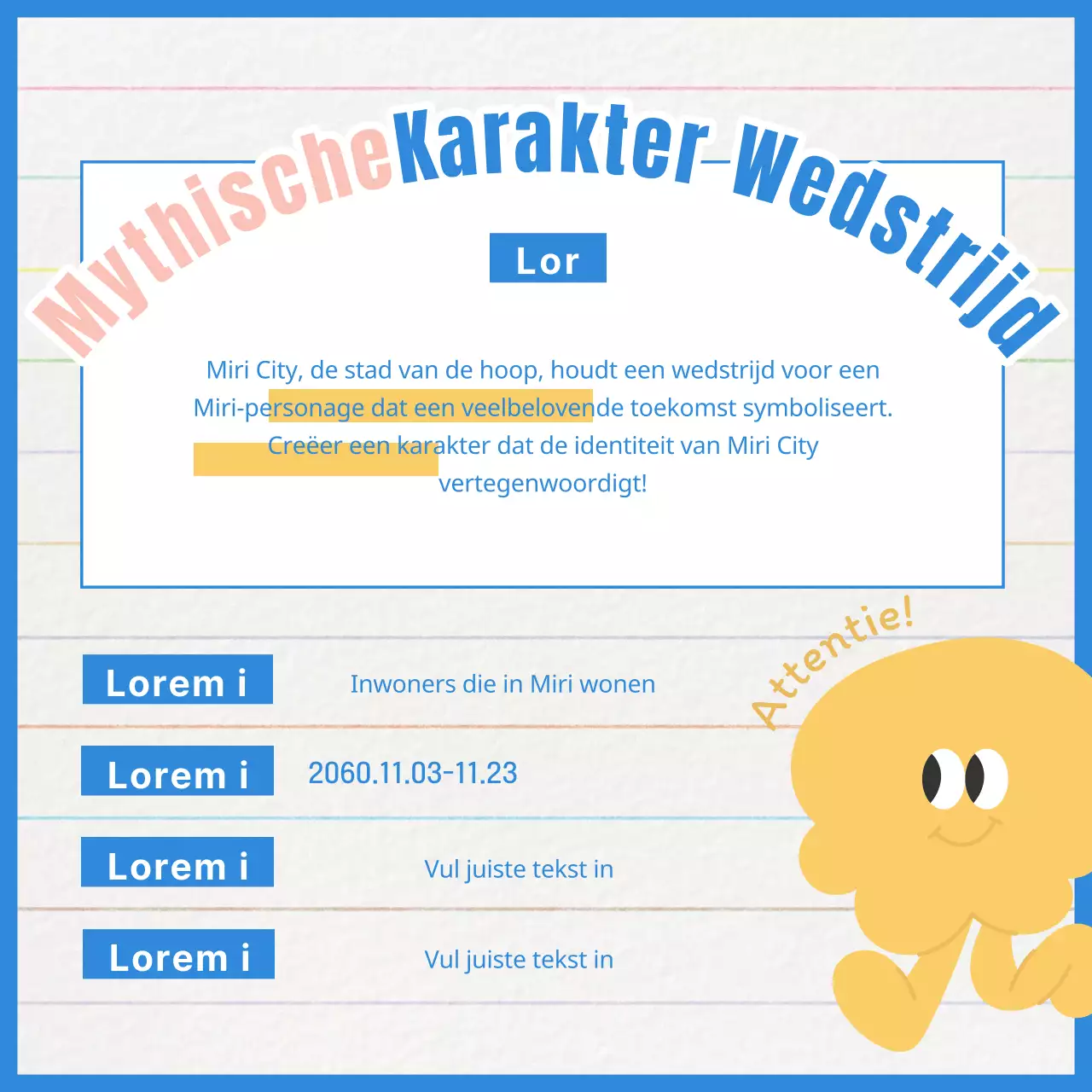 Bevorder een geel en blauw minimalistisch karakter wedstrijd