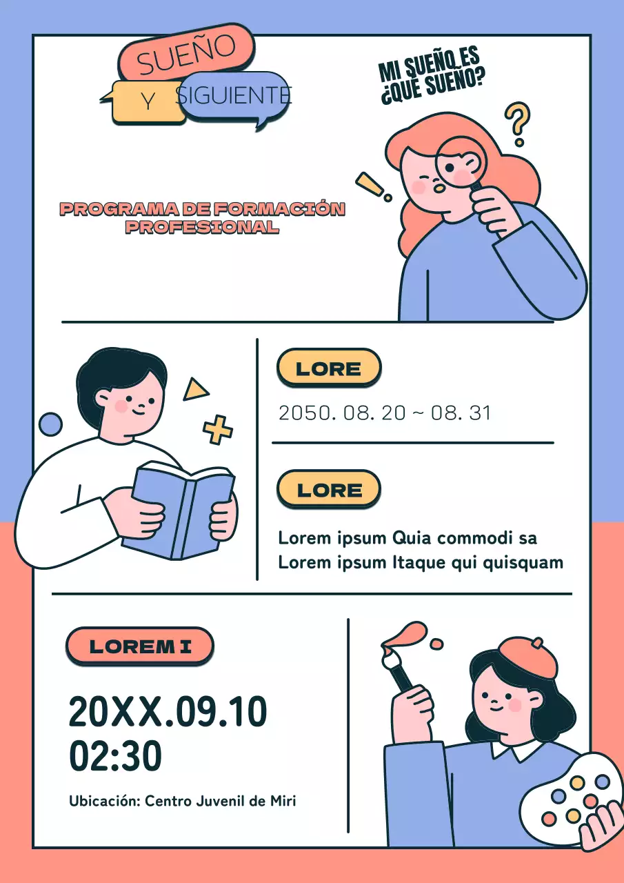 Simpáticas ilustraciones en azul claro y rosa claro para programas de formación profesional