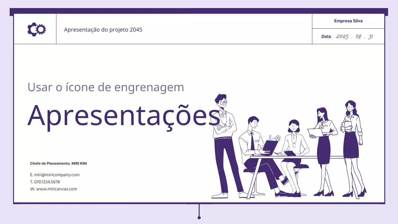 Uma proposta com elementos de engrenagem roxos e cor de menta