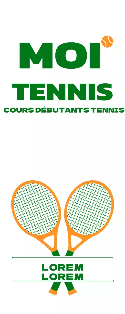 Promotion d'une école de tennis avec une illustration de matériel de tennis en vert et orange.