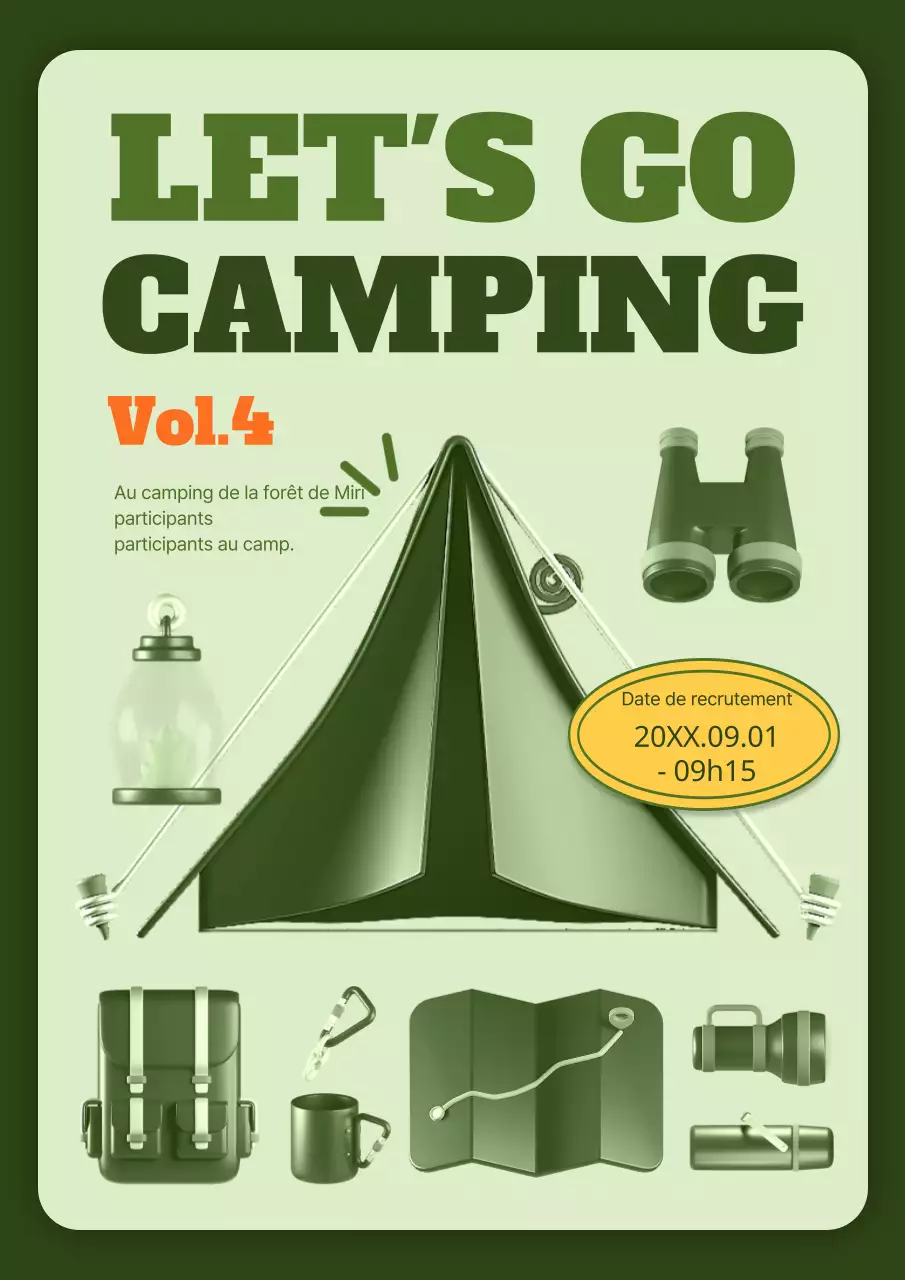 Promouvoir le camping avec des illustrations de matériel de camping dans des couleurs vertes