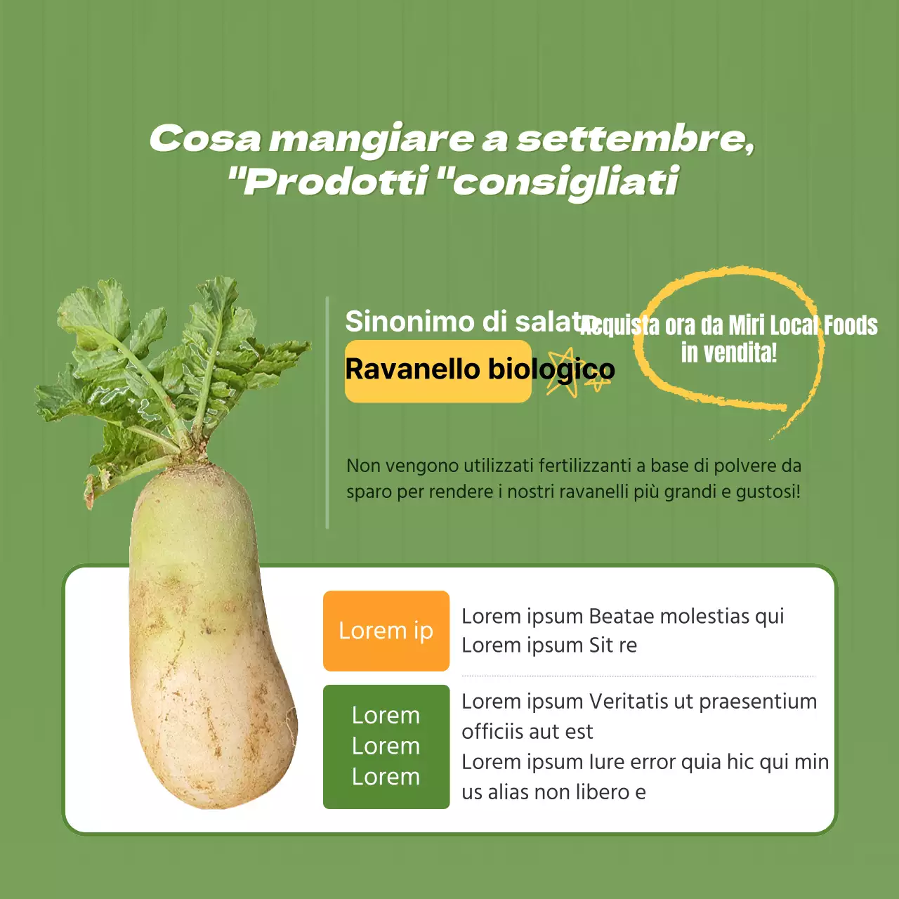 Promozione di un mercato agricolo con illustrazione di verdure in verde lime.