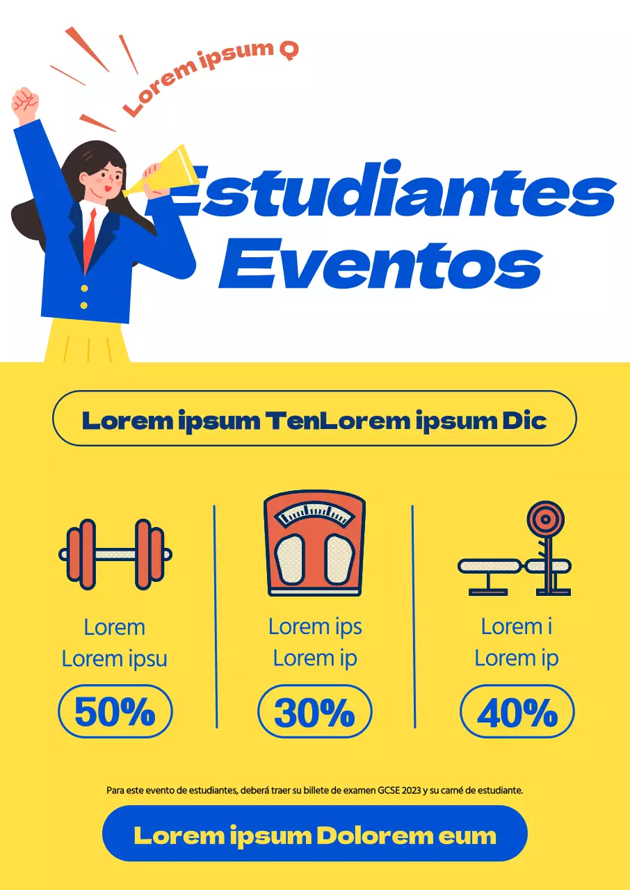 Un descuento en gimnasios para los que se presentan a los exámenes SAT, con ilustraciones de estudiantes de secundaria, un atrevido diseño de fuentes de colores e iconos relacionados con el ejercicio.