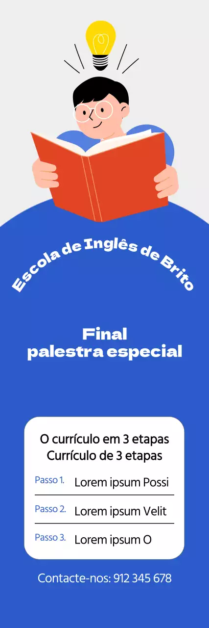 Promoção escolar com uma ilustração a azul de um estudante a ler um livro