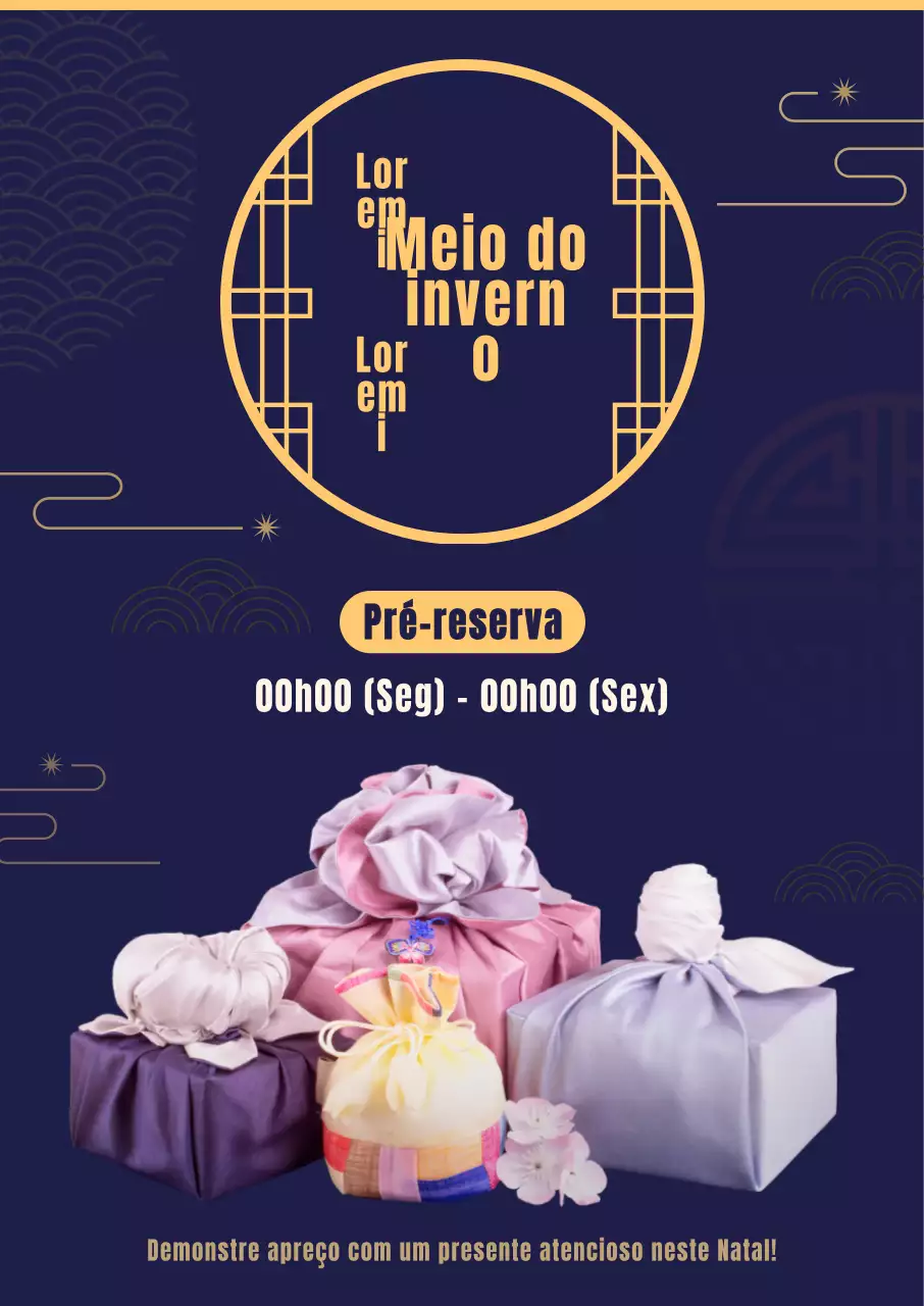 Este conjunto de presentes Obon apresenta um luxuoso e limpo fundo azul-marinho com ilustrações de padrões tradicionais e imagens de furoshiki.