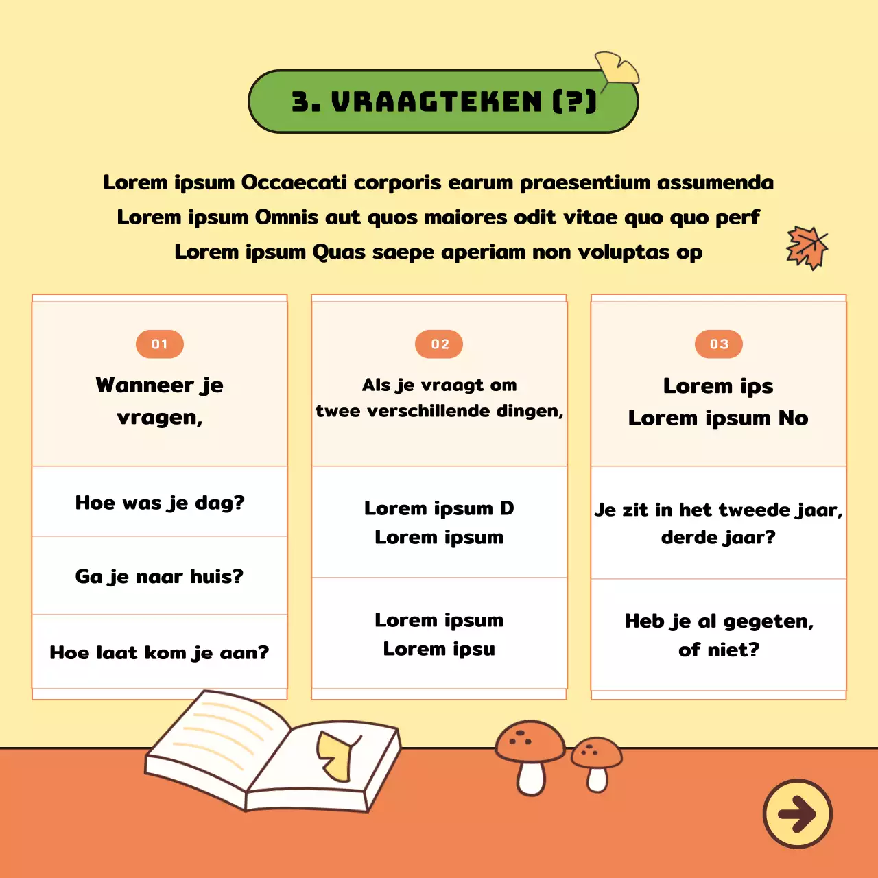 Koreaans lesmateriaal met schattige illustraties in geel en oranje