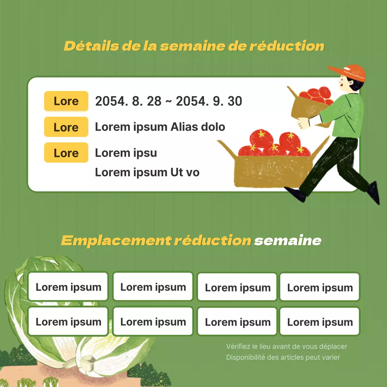 Promotion d'un marché de producteurs avec une illustration de légumes vert lime.
