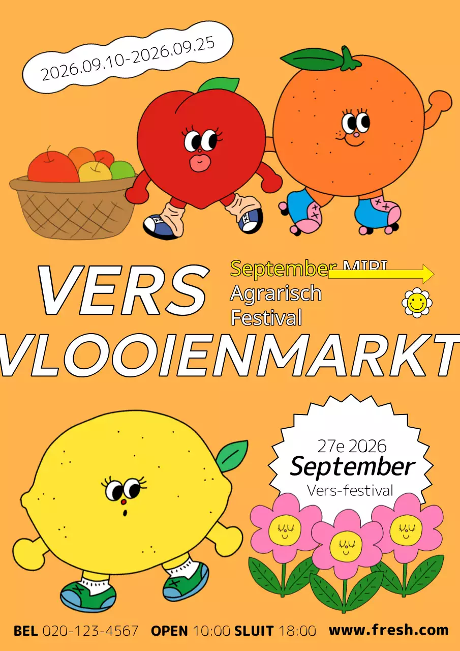 Promoot landbouwfestivals met fruitfiguren op oranje achtergronden