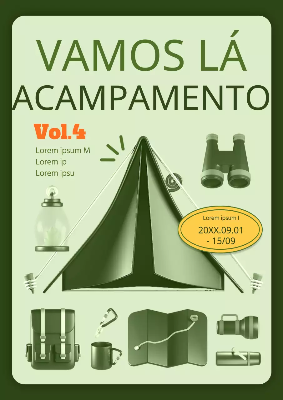 Promover o campismo com ilustrações de equipamento de campismo em cores verdes