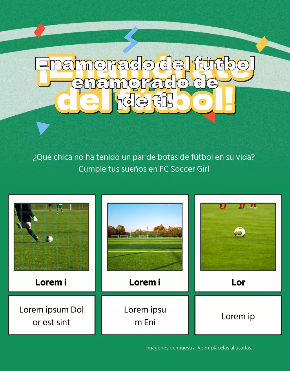 Folleto de reclutamiento de fútbol femenino con la imagen de un campo de fútbol verde