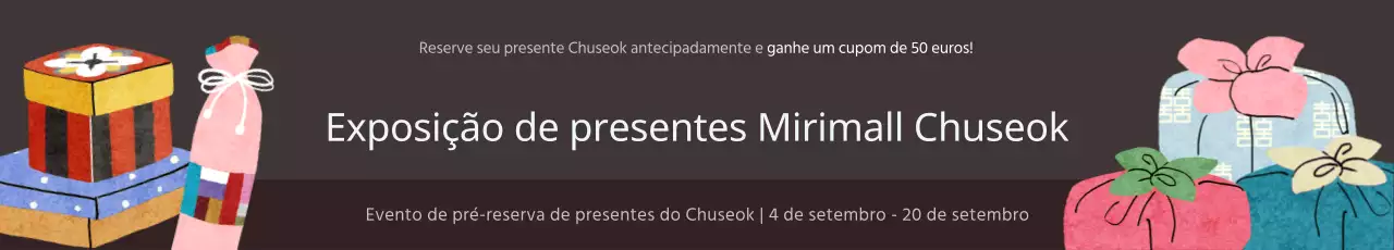 Promoção de pré-encomenda de conjuntos de oferta Chuseok com ilustrações coloridas de conjuntos de oferta furoshiki num fundo acobreado