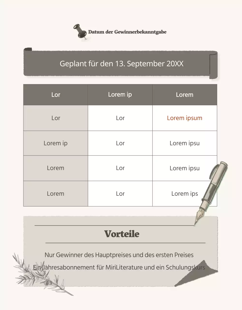 Wir veranstalten einen Wettbewerb für ein literarisches Liebesmotto im schlichten Vintage-Stil in Beige und Braun.