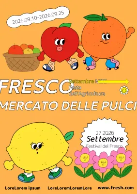 Promuovere le feste agricole con i personaggi della frutta su sfondo arancione