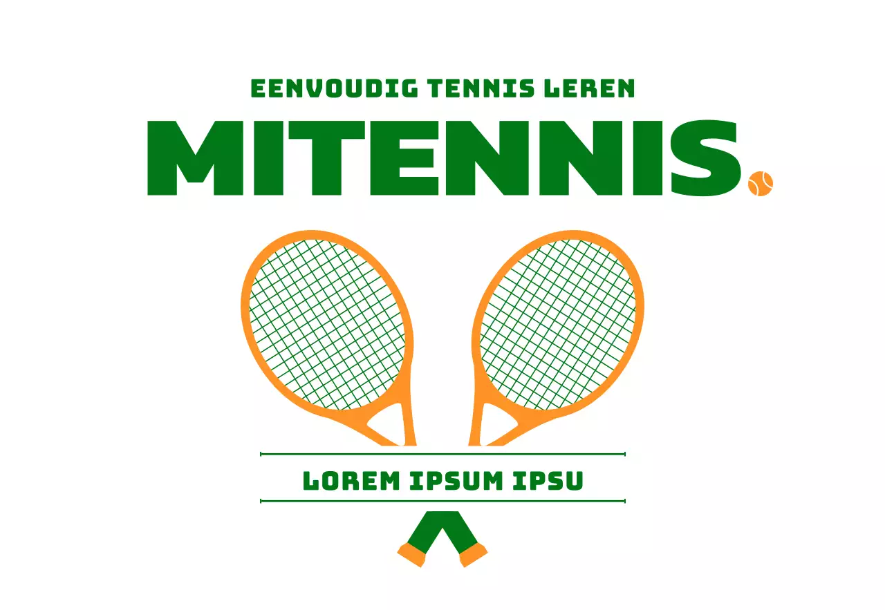 Promotie van een tennisschool met een illustratie van tennisparafernalia in groen en oranje.
