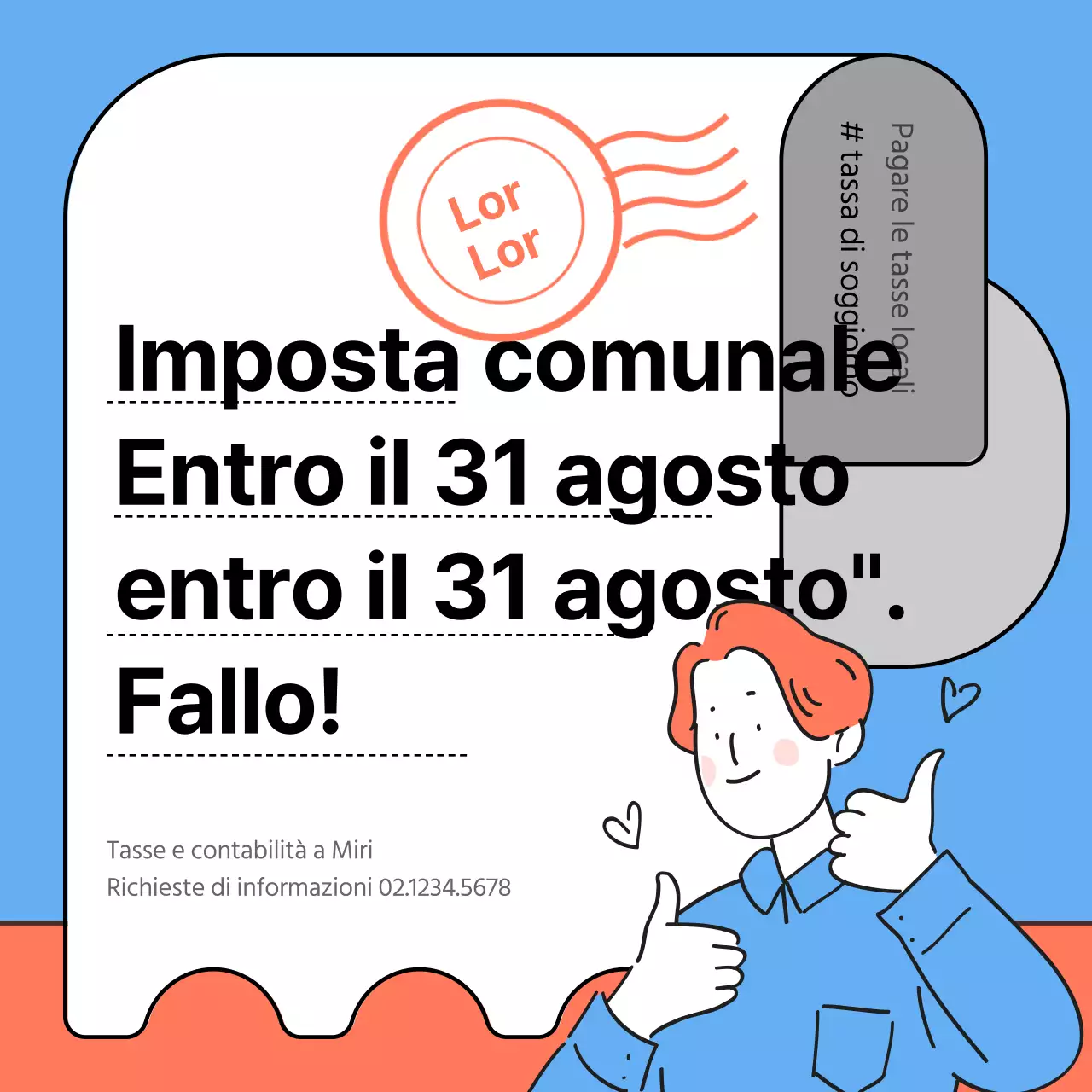 Illustrazione in azzurro e arancione delle istruzioni per il pagamento dell'imposta di soggiorno